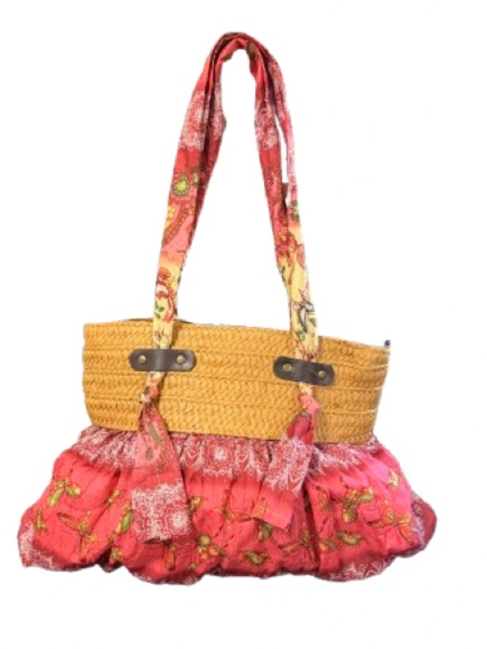 Boho Straw Floral Fabric Shoulder Bag Pink Patchwork Cottagecore Tote
